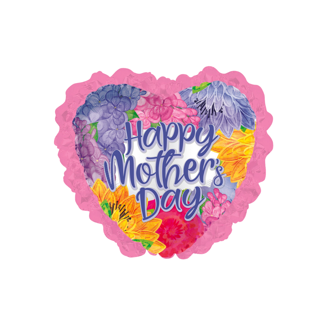 Lavender and pink heart foil balloon with colorful flowers Happy Mother's Day theme from Parte Haus party supply store in Bethesda MD