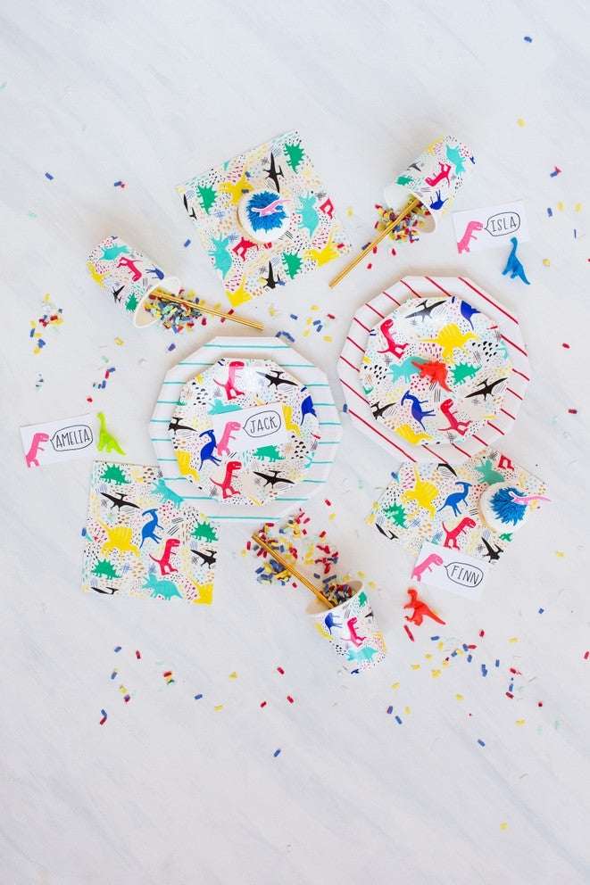 Colorful dinosaur kids tableware set with cups napkins plates for birthday theme from Parte Haus party supply store in Bethesda MD