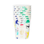 Multicolor dinosaur paper cups with playful patterns for kids birthday from Parte Haus party supply store in Bethesda MD