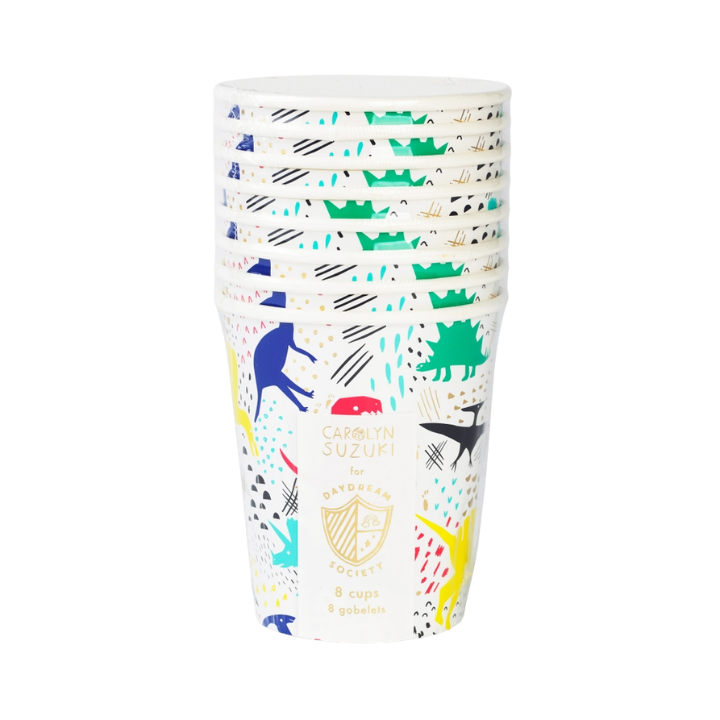 Multicolor dinosaur paper cups with playful patterns for kids birthday from Parte Haus party supply store in Bethesda MD