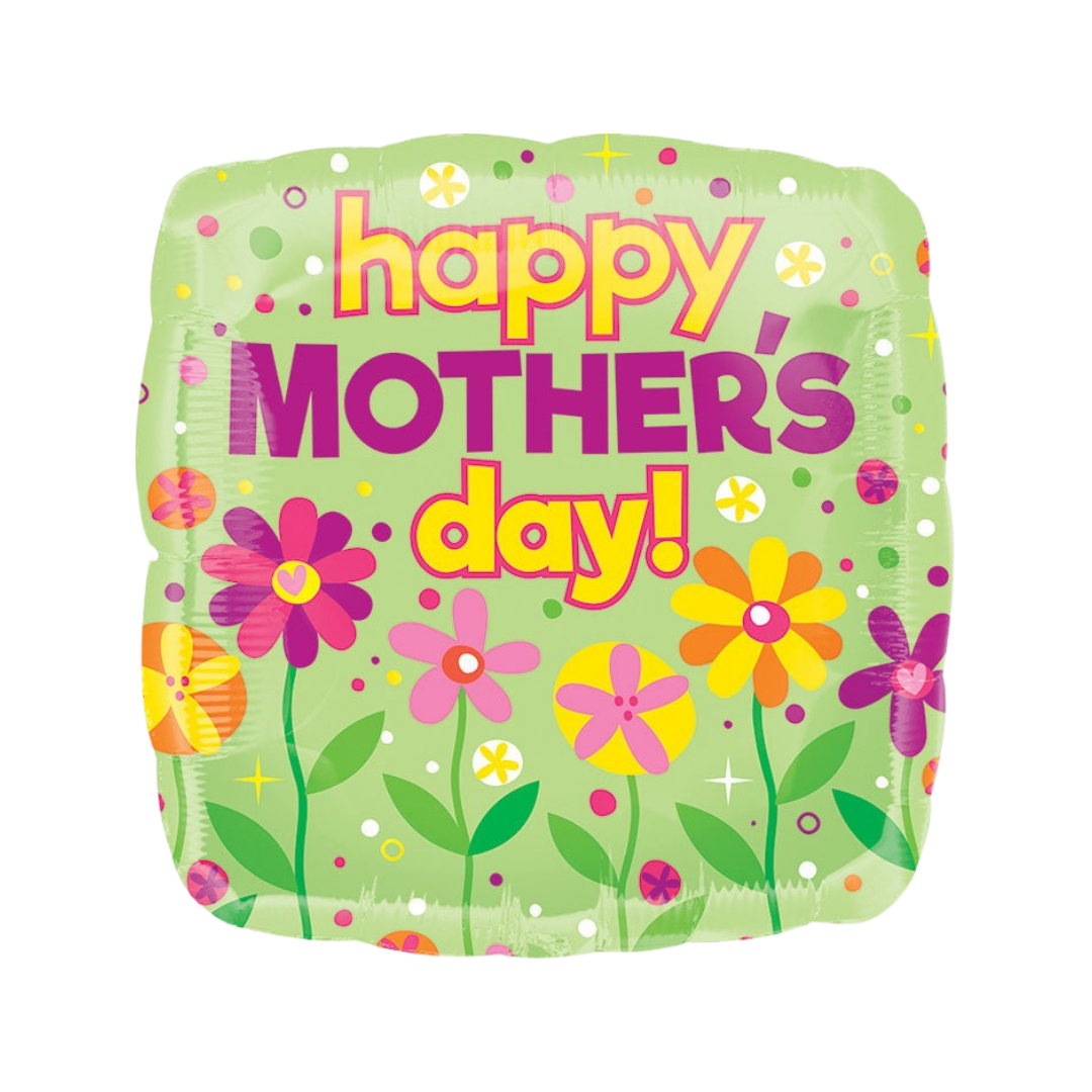 Green Mother's Day balloon with colorful flowers for Mother's Day from Parte Haus party supply store in Bethesda MD.