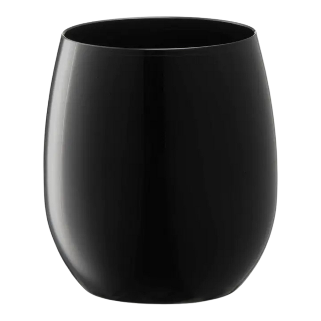 Black stemless wine glass with smooth finish for celebration from Parte Haus party supply store in Bethesda MD.