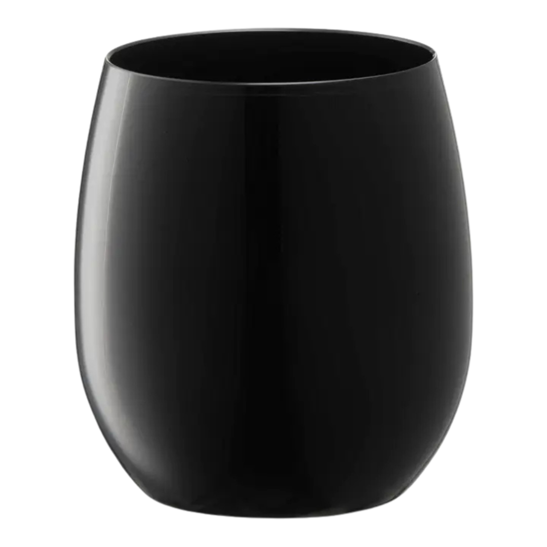 Black stemless wine glass with smooth finish for celebration from Parte Haus party supply store in Bethesda MD.