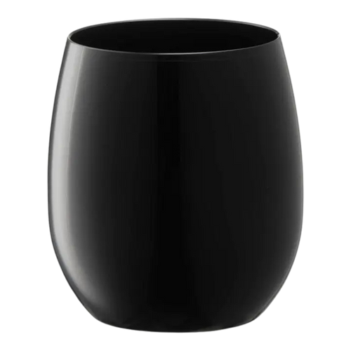 Black stemless wine glass with smooth finish for celebration from Parte Haus party supply store in Bethesda MD.