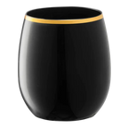 Black stemless wine glass with gold rim elegant drinkware for celebration from Parte Haus party supply store in Bethesda MD
