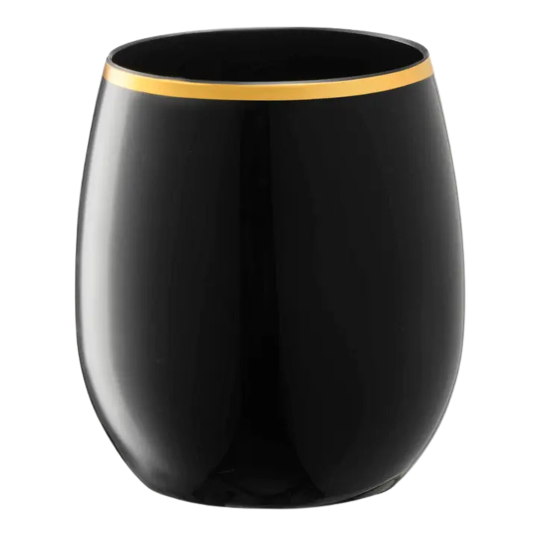 Black stemless wine glass with gold rim elegant drinkware for celebration from Parte Haus party supply store in Bethesda MD