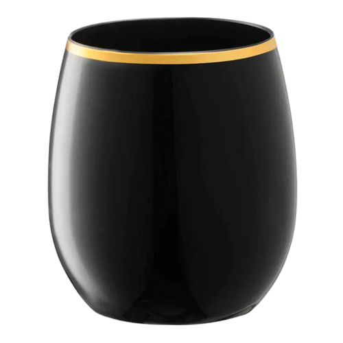 Black stemless wine glass with gold rim elegant drinkware for celebration from Parte Haus party supply store in Bethesda MD