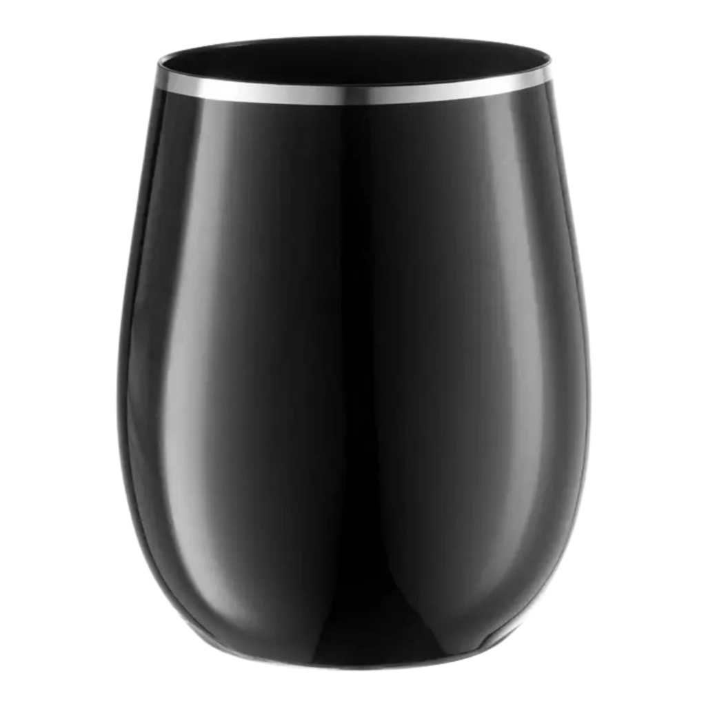 Black stemless wine glass with silver rim elegant drinkware for modern celebrations from Parte Haus party supply store in Bethesda MD