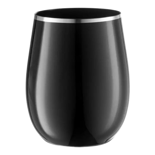 Black stemless wine glass with silver rim elegant drinkware for modern celebrations from Parte Haus party supply store in Bethesda MD