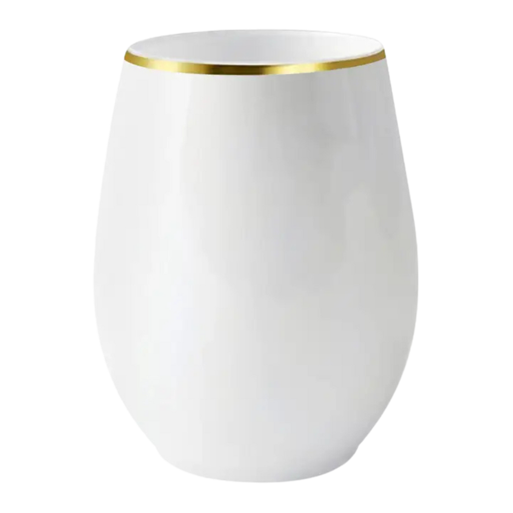 White and gold rimmed stemless wine glass with modern design from Parte Haus party supply store in Bethesda Maryland