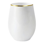 White and gold rimmed stemless wine glass with modern design from Parte Haus party supply store in Bethesda Maryland