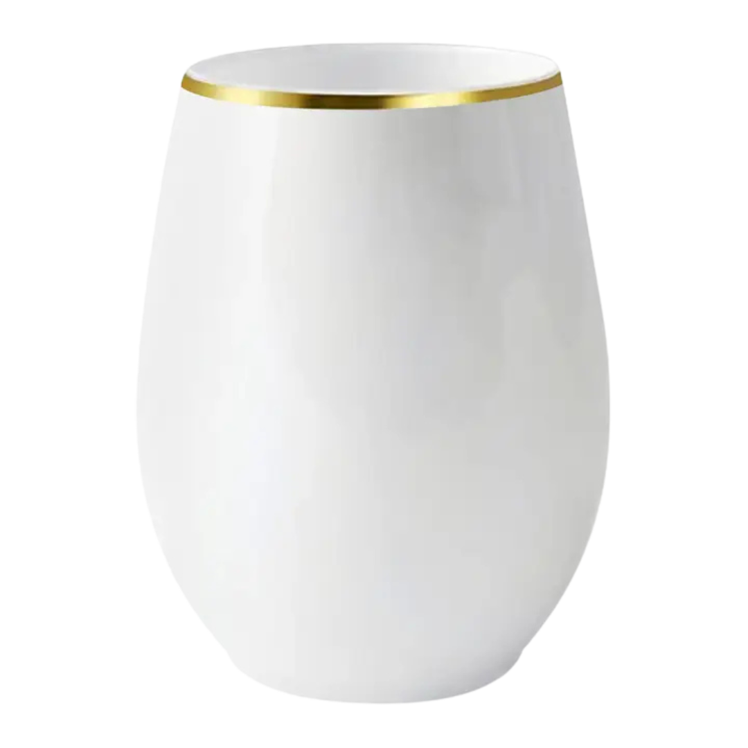 White and gold rimmed stemless wine glass with modern design from Parte Haus party supply store in Bethesda Maryland