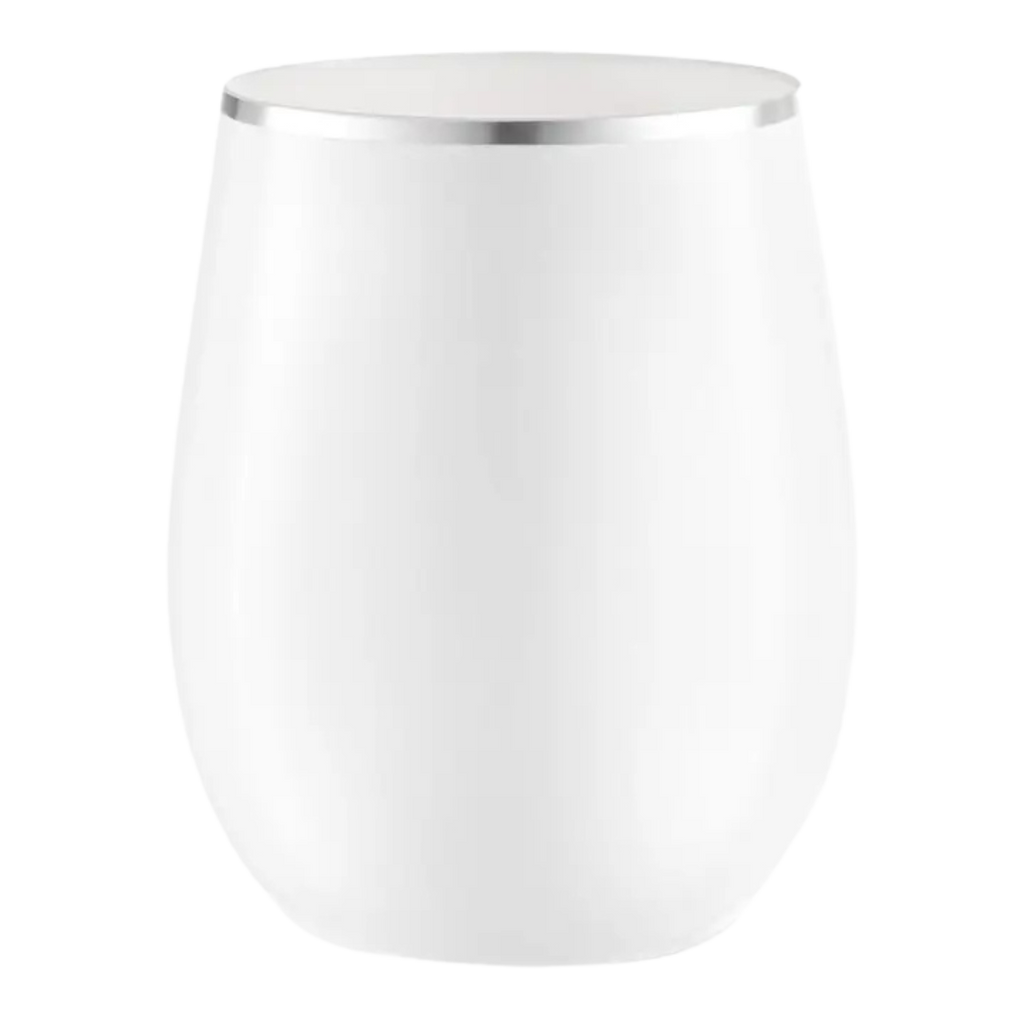 White stainless steel tumbler with silver rim modern cup for celebrations from Parte Haus party supply store in Bethesda, MD.