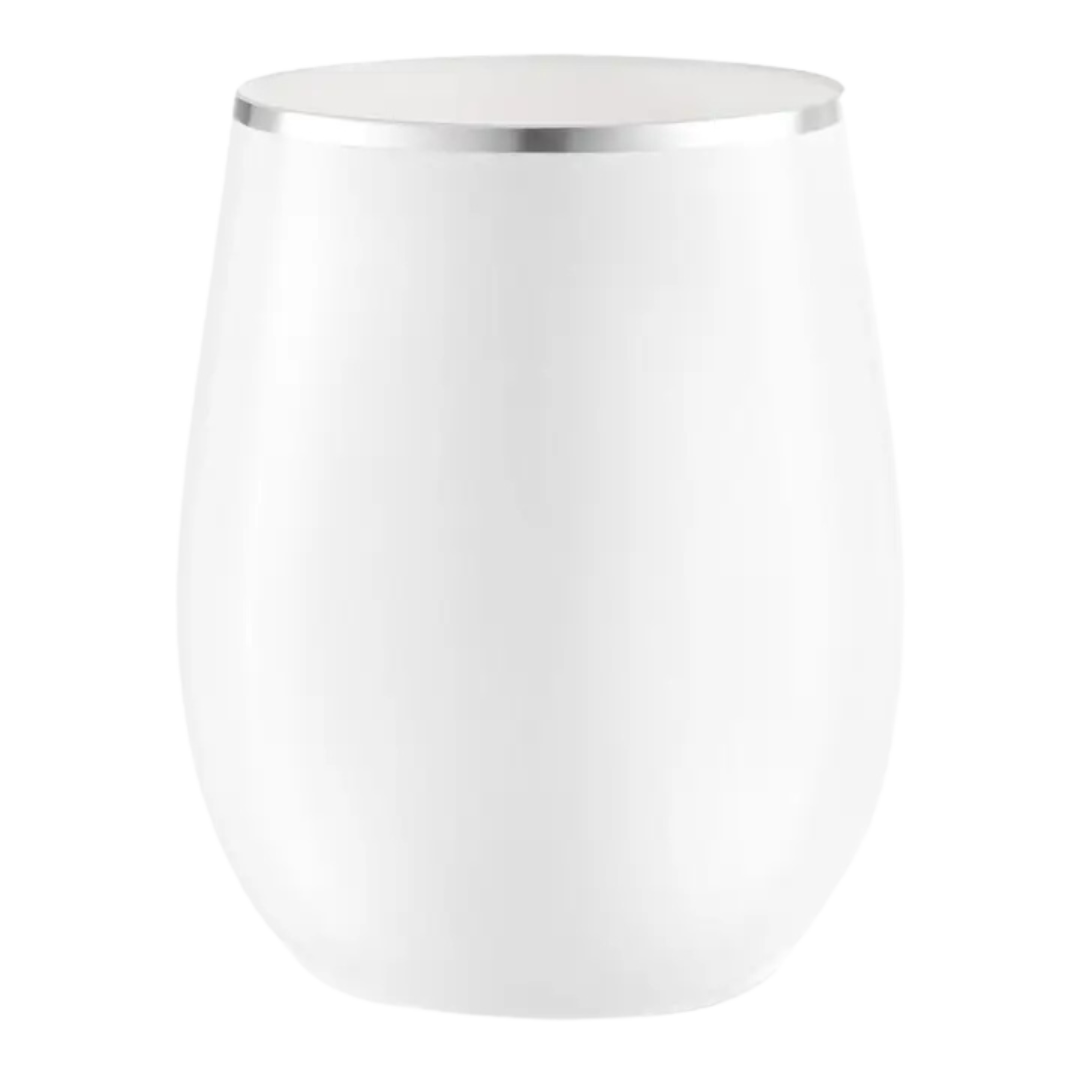 White stainless steel tumbler with silver rim modern cup for celebrations from Parte Haus party supply store in Bethesda, MD.
