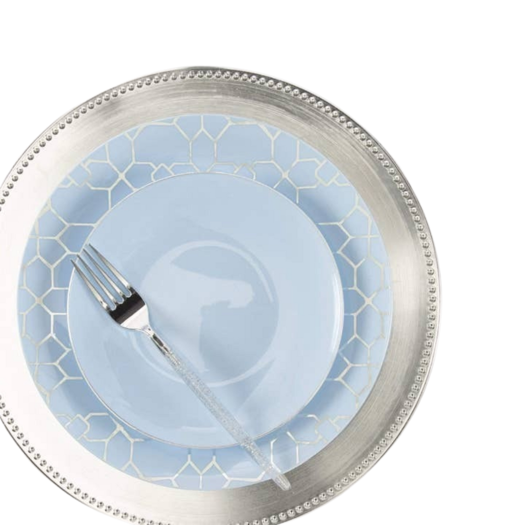 Blue and silver dinnerware set with clear fork elegant table setting from Parte Haus party supply store in Bethesda MD