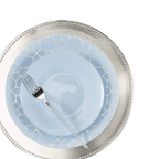 Blue and silver dinnerware set with clear fork elegant table setting from Parte Haus party supply store in Bethesda MD