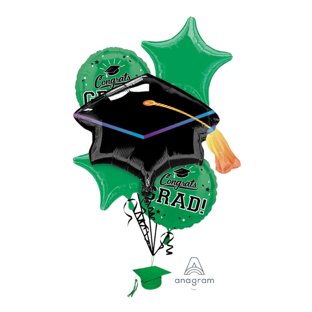 Green and black graduation balloon bouquet with cap shapes for graduation from Parte Haus party supply store in Bethesda MD