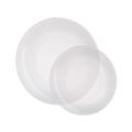 White plastic plate set round minimalist tableware for weddings from Parte Haus party supply store in Bethesda MD