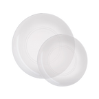 White plastic plate set round minimalist tableware for weddings from Parte Haus party supply store in Bethesda MD