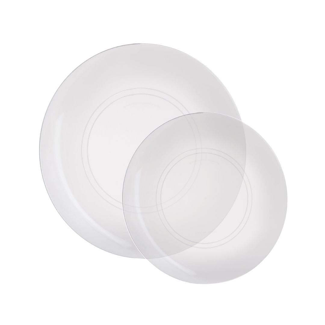 White plastic plate set round minimalist tableware for weddings from Parte Haus party supply store in Bethesda MD