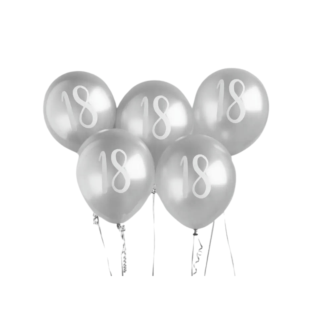 Silver number 18 balloons birthday celebration decor from Parte Haus party supply store in Bethesda MD