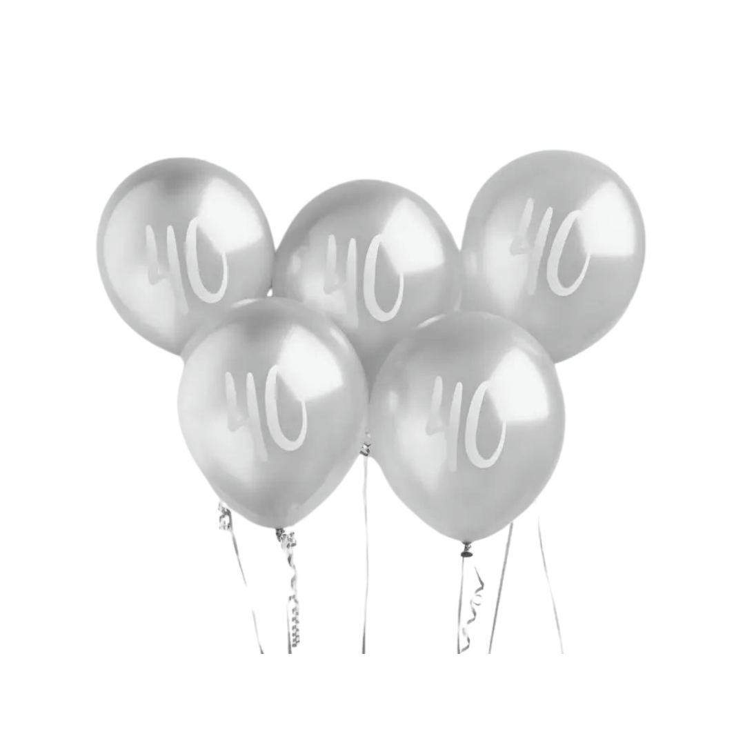 Silver 40th birthday balloons with white number print from Parte Haus party supply store in Bethesda MD.