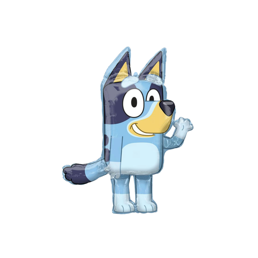 Blue Bluey foil balloon shaped like cartoon dog birthday theme from Parte Haus party supply store in Bethesda MD