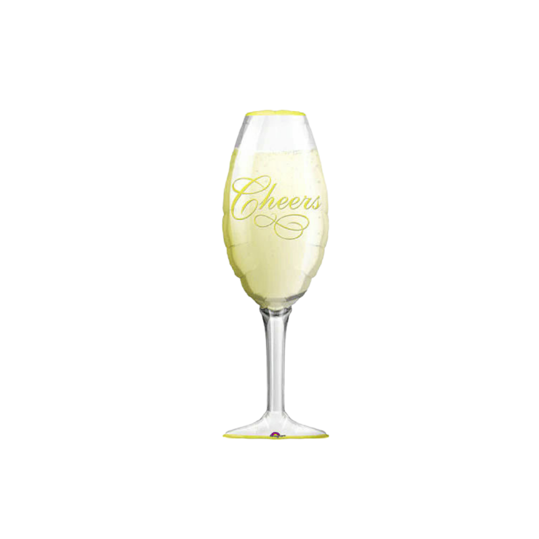 Gold jumbo champagne glass balloon shaped like a flute with cheers text for celebration from Parte Haus party supply store in Bethesda Maryland