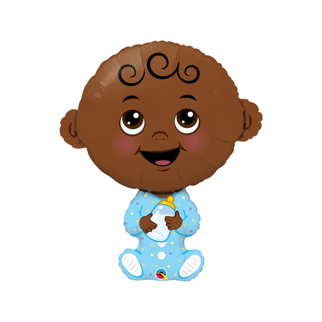 Brown baby boy foil balloon smiling and holding bottle baby shower from Parte Haus party supply store in Bethesda MD