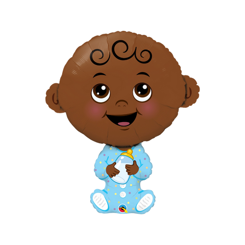 Brown baby boy foil balloon smiling and holding bottle baby shower from Parte Haus party supply store in Bethesda MD
