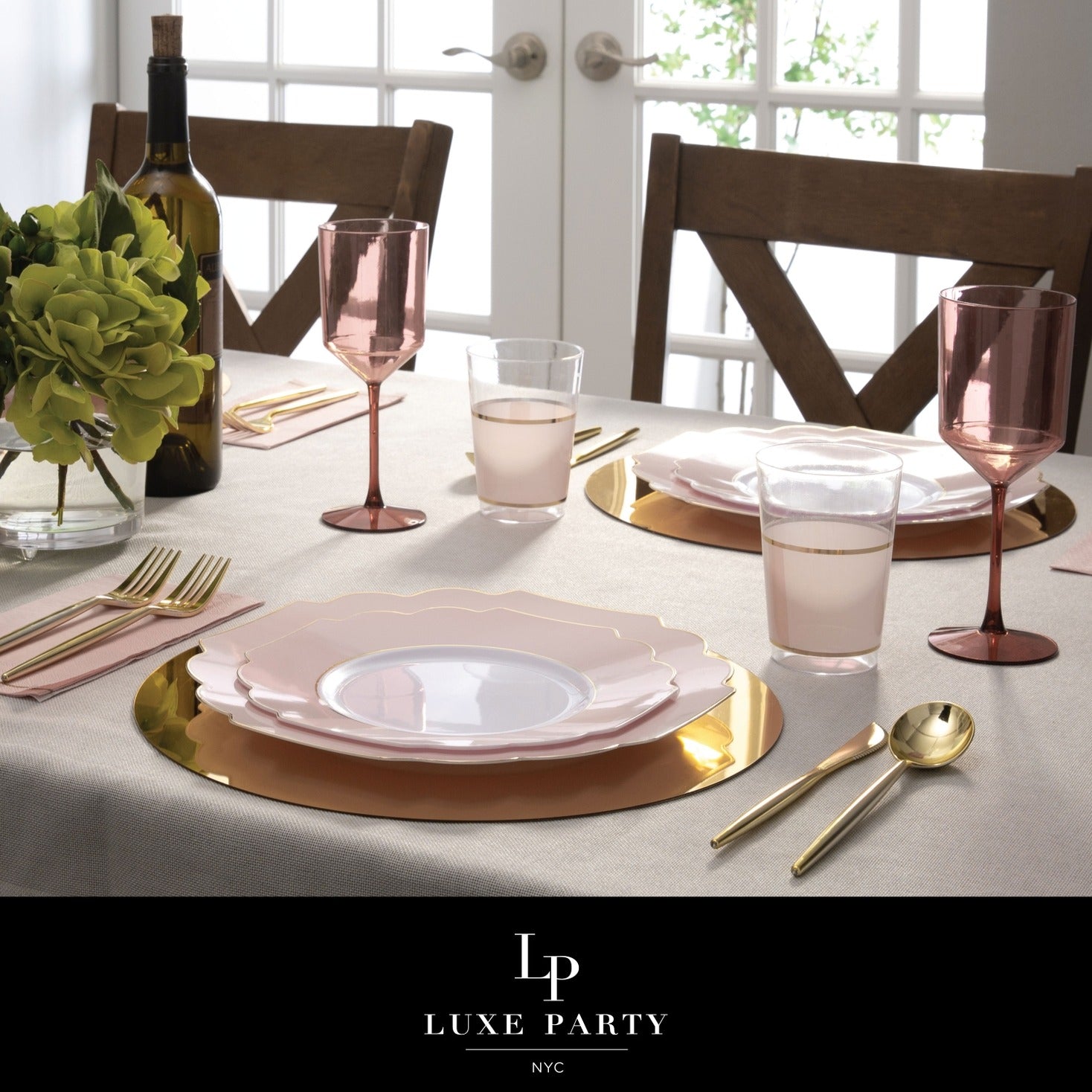 Blush pink plate set with gold accents elegant dinner table setting spring occasion from Parte Haus party supply store in Bethesda Maryland