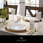 White and gold dinnerware set elegant table setting for celebration from Parte Haus party supply store in Bethesda MD