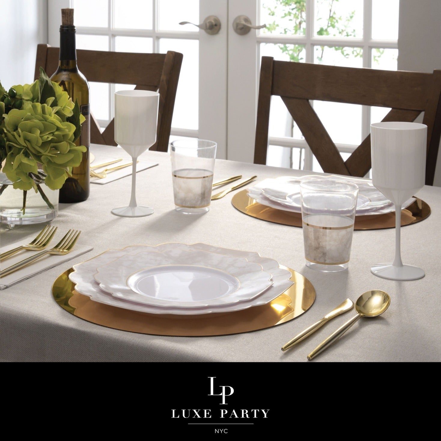 White and gold dinnerware set elegant table setting for celebration from Parte Haus party supply store in Bethesda MD