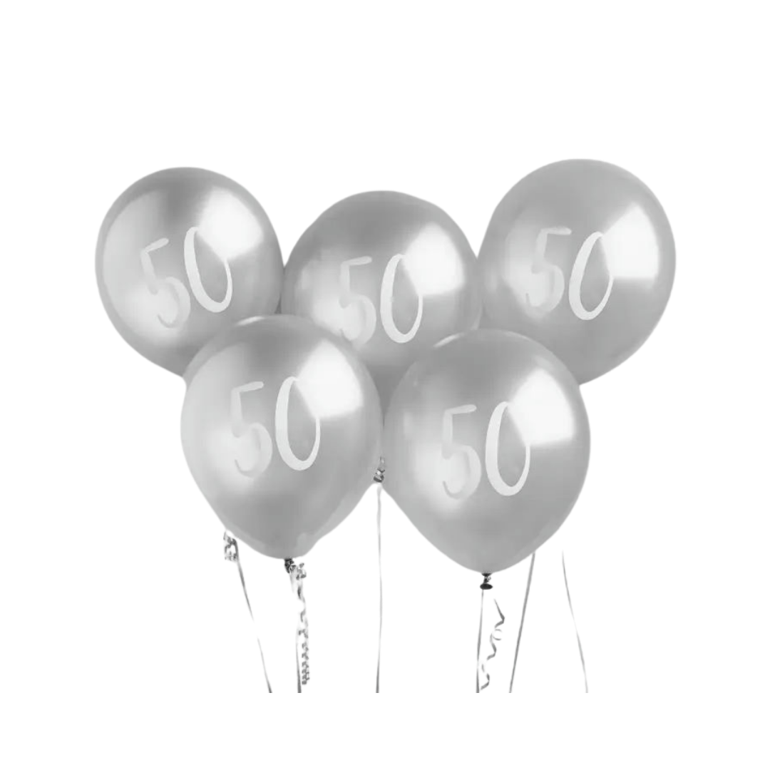 Silver 50th birthday balloons bundle for milestone celebration from Parte Haus party supply store in Bethesda MD