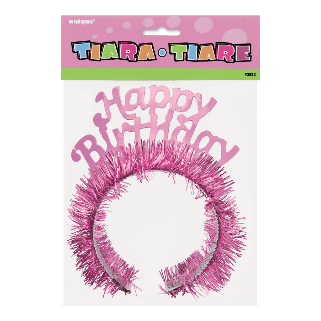 Pink Happy Birthday tiara with tinsel for birthday from Parte Haus party supply store in Bethesda Maryland