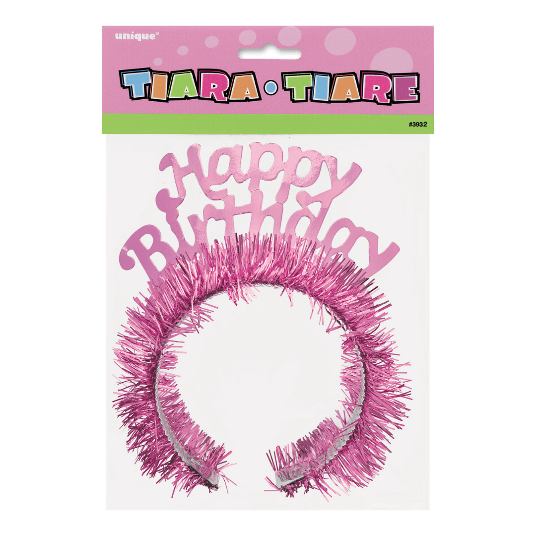 Pink Happy Birthday tiara with tinsel for birthday from Parte Haus party supply store in Bethesda Maryland