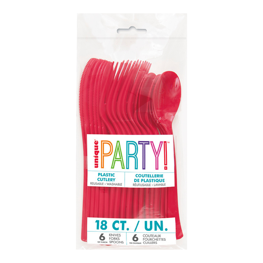 Ruby Red Solid Plastic Assorted Cutlery - 18 pcs