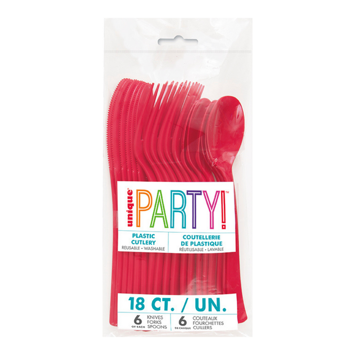 Ruby Red Solid Plastic Assorted Cutlery - 18 pcs