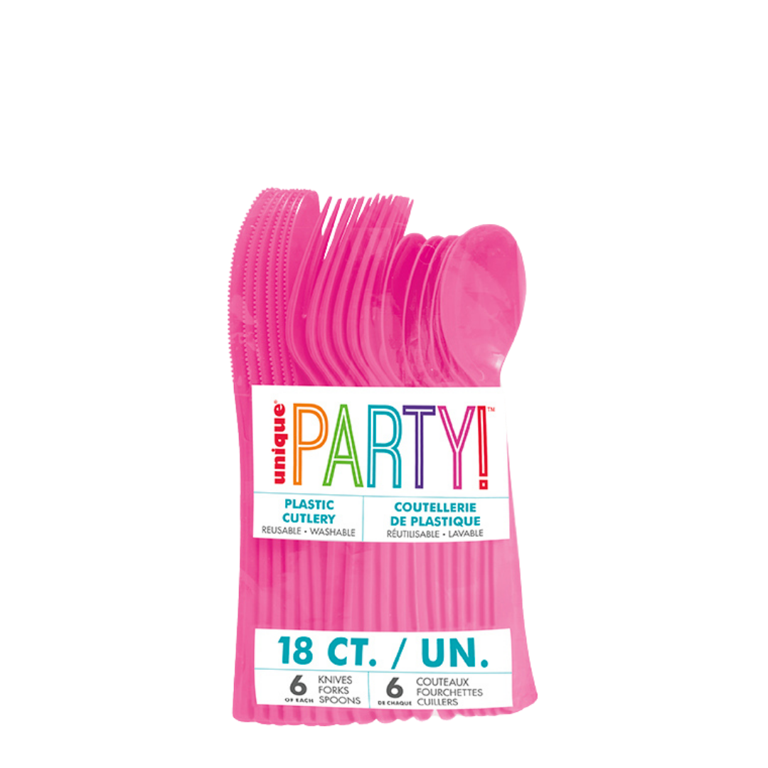 Hot Pink Solid Plastic Assorted Cutlery - 18 pcs