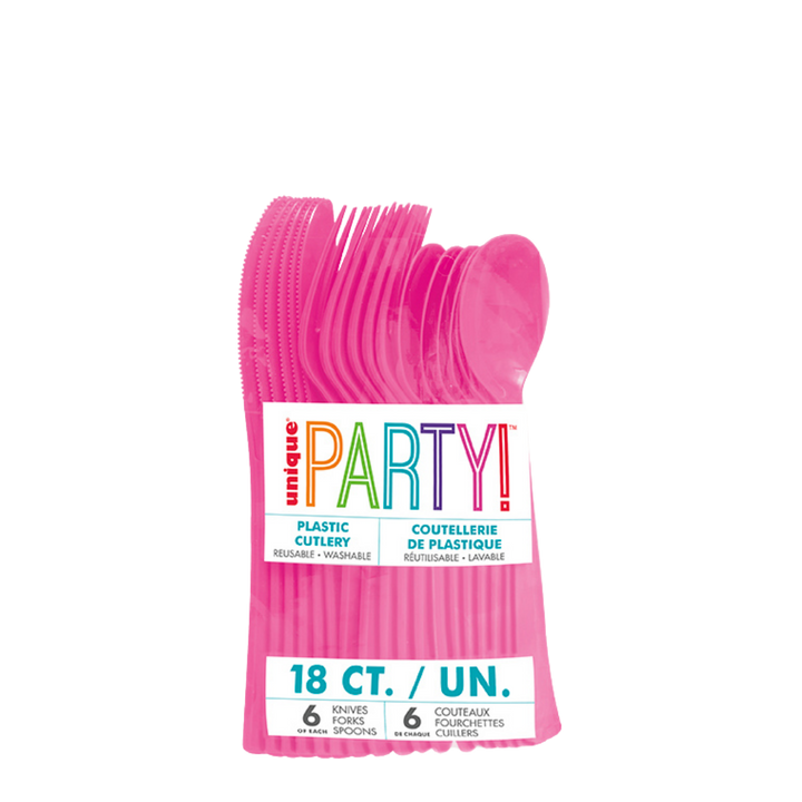 Hot Pink Solid Plastic Assorted Cutlery - 18 pcs