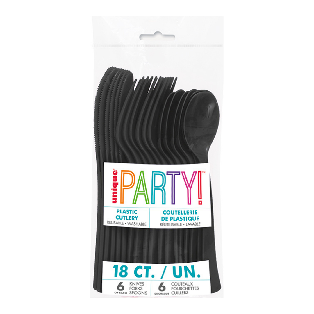 Midnight Black Solid Plastic Assorted Cutlery - 18 pcs