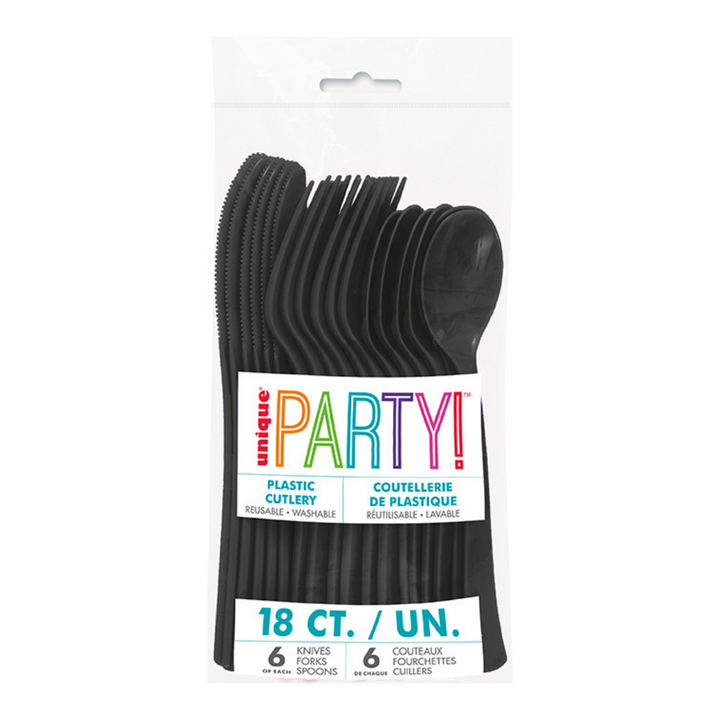 Midnight Black Solid Plastic Assorted Cutlery - 18 pcs