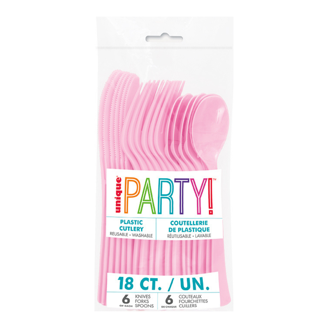 Lovely Pink Solid Plastic Assorted Cutlery - 18 pcs