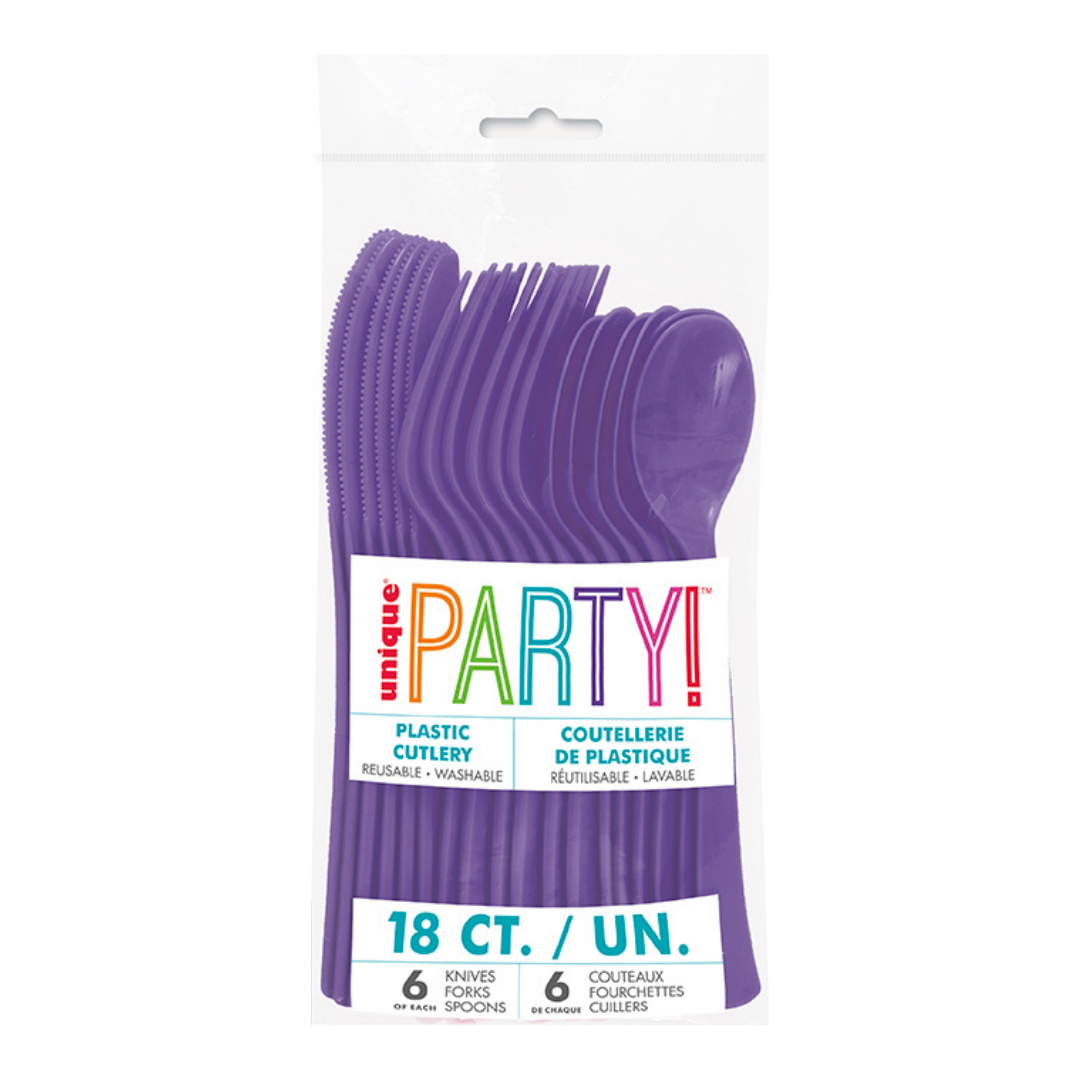 Neon Purple Solid Plastic Assorted Cutlery - 18 pcs