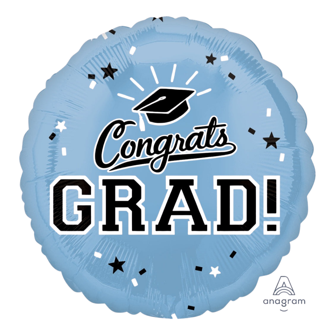 Light blue graduation balloon with black congrats grad and stars graduation theme from Parte Haus party supply store in Bethesda MD