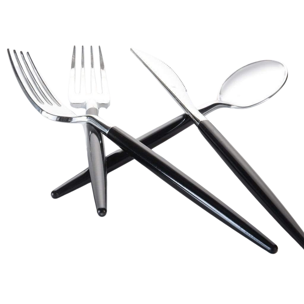 Black silverware set with knife spoon and two forks modern tableware from Parte Haus party supply store in Bethesda MD.