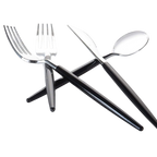 Black silverware set with knife spoon and two forks modern tableware from Parte Haus party supply store in Bethesda MD.