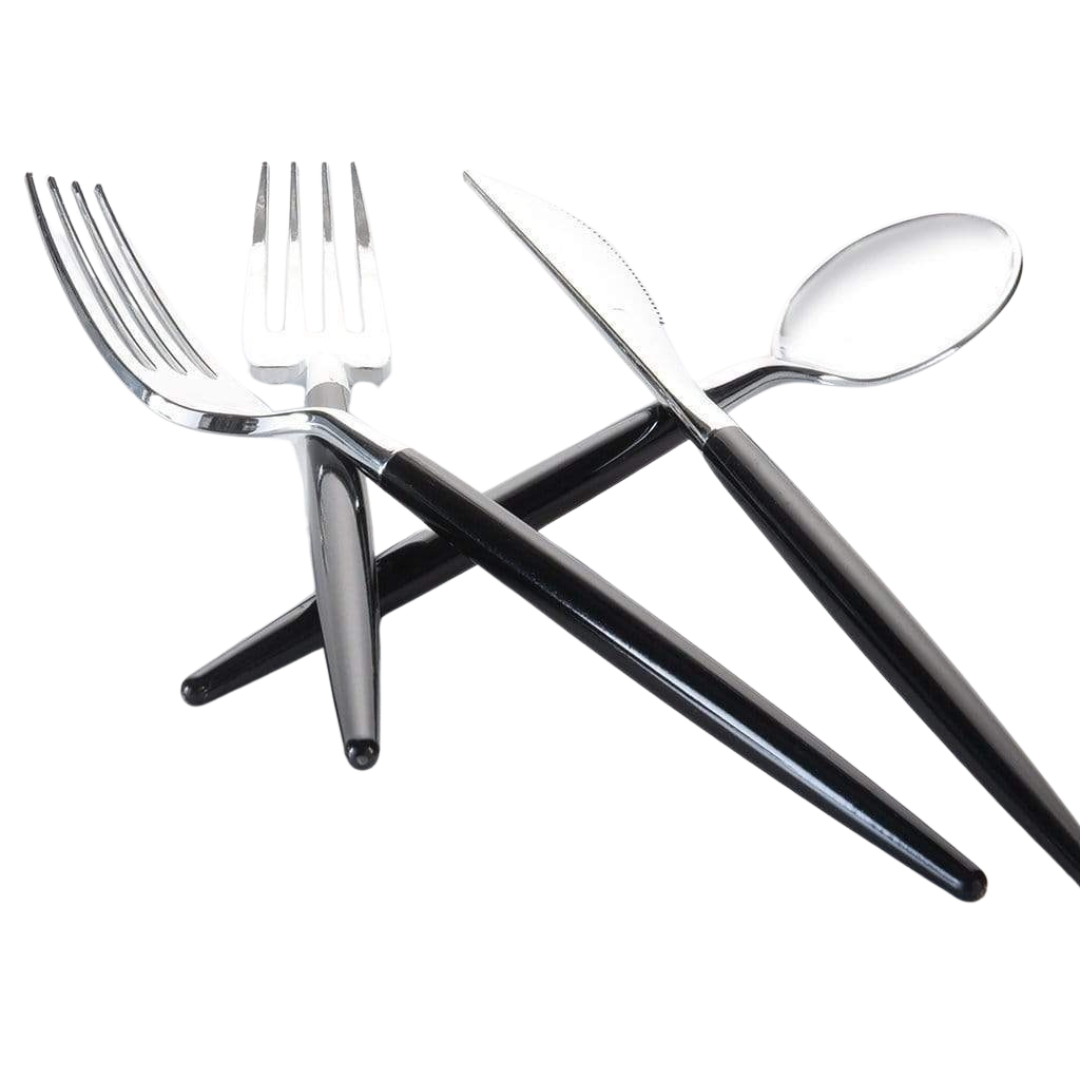 Black silverware set with knife spoon and two forks modern tableware from Parte Haus party supply store in Bethesda MD.