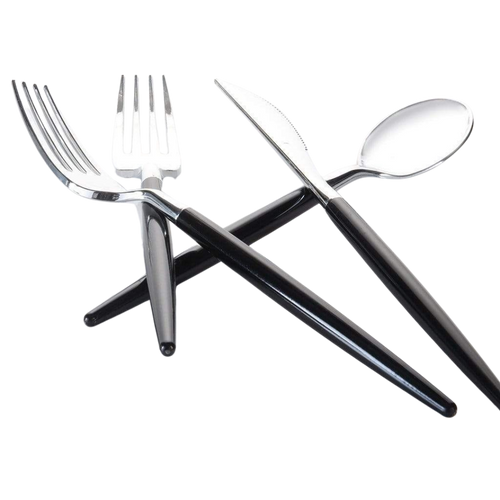 Black silverware set with knife spoon and two forks modern tableware from Parte Haus party supply store in Bethesda MD.