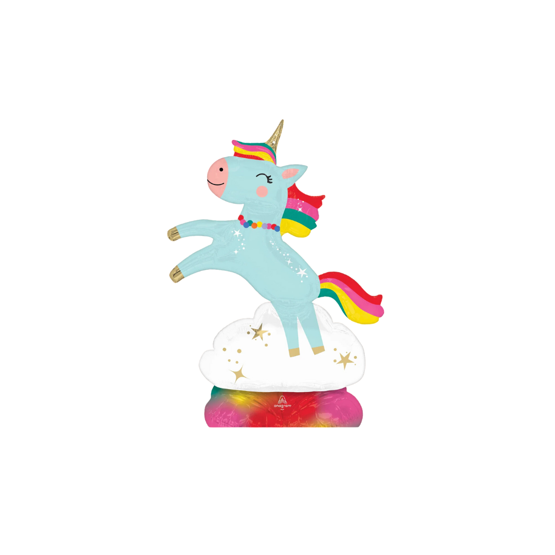 Blue and rainbow unicorn foil balloon on cloud for kids birthday from Parte Haus party supply store in Bethesda MD